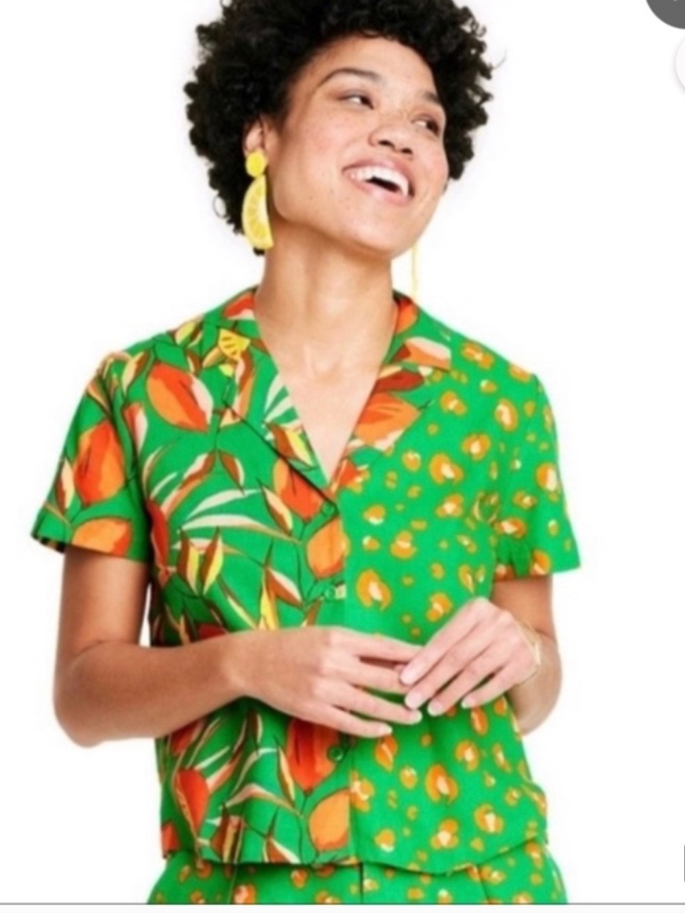 Tabitha Brown for Target Linen Blend Tropical Print Button Down Top - Picture 2 of 7